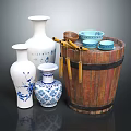 Traditional Household Items Including Blue And White Porcelain Vases Wooden Barrel And Small Bowls