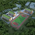 Modern Campus School Buildings With Track Football Field And Lush Green Trees