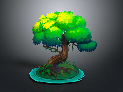 Cartoon Style Tree Scene With Green And Yellow Leaves Brown Trunk Green Grass Blue Puddle 3d model