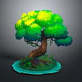 Cartoon Style Tree Scene With Green And Yellow Leaves Brown Trunk Green Grass Blue Puddle