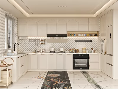 Bright Modern Kitchen Interior Design With White Cabinets Marble Countertops Island Appliances And Marble Flooring 3d model