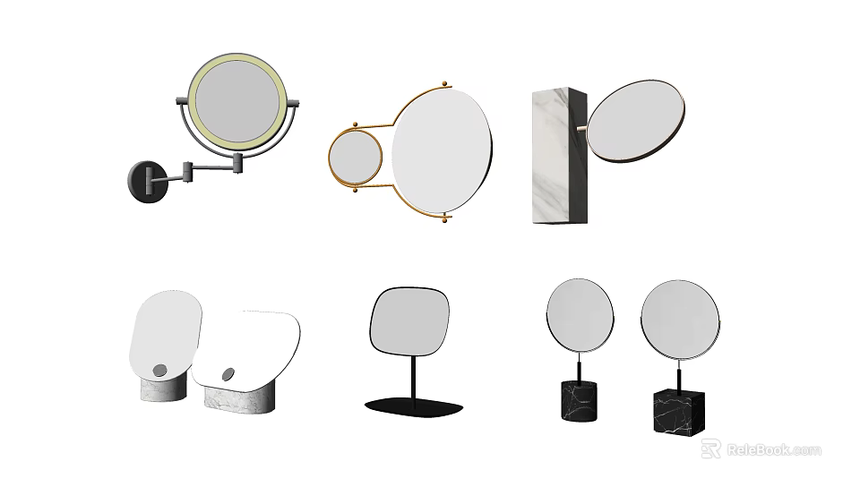 Modern Decorative Mirrors With Round Oval Shapes And Marble Metal Bases 3d model 