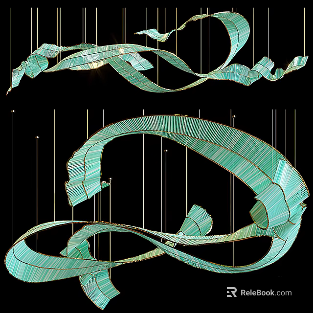 Green Curved Ribbon Like Chandelier Modern Decorative Hanging Design For Interior Spaces 3d model 