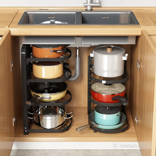 Kitchen Cabinet Under Sink With Rotating Multi Layer Pot Storage Rack 3d model 