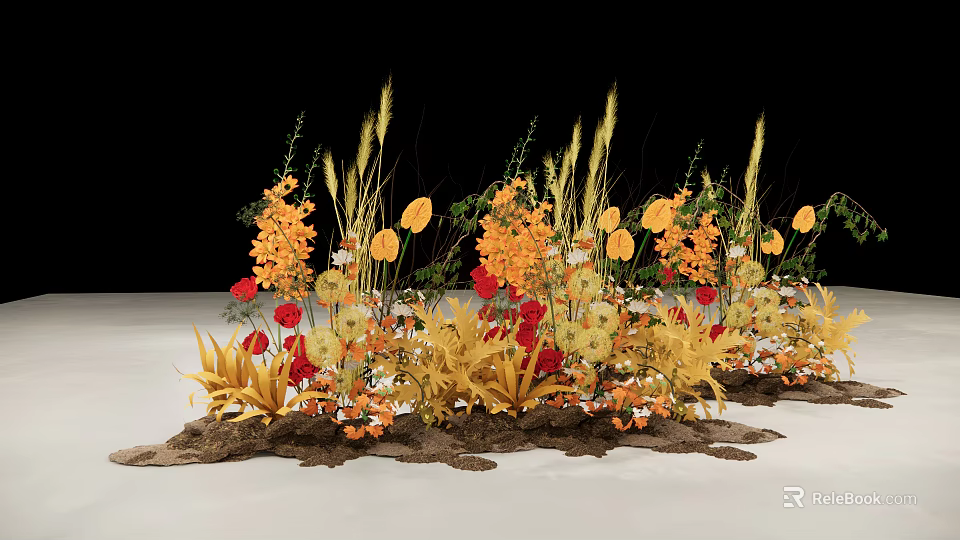Elegant Vase Flower Arrangement With Orange Yellow Red Blooms And Green Grass 3d model 