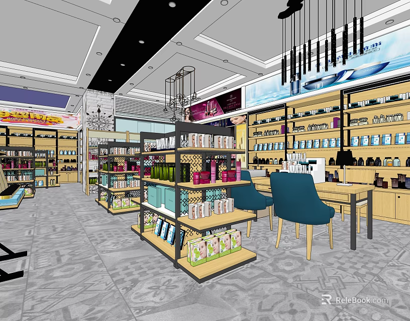 Modern Cosmetics Store Interior With Organized Shelves Products And Table Chairs 3d model 
