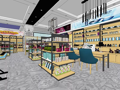 Modern Cosmetics Store Interior With Organized Shelves Products And Table Chairs 3d model