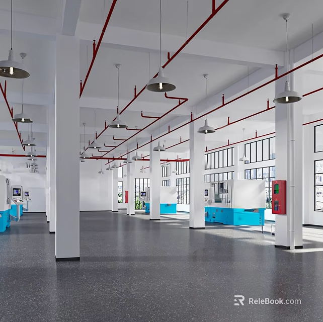 Spacious Industrial Interior With White Columns Red Pipes Blue Seats And Pendant Lights 3d model 