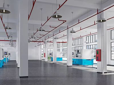 Spacious Industrial Interior With White Columns Red Pipes Blue Seats And Pendant Lights 3d model