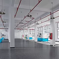 Spacious Industrial Interior With White Columns Red Pipes Blue Seats And Pendant Lights
