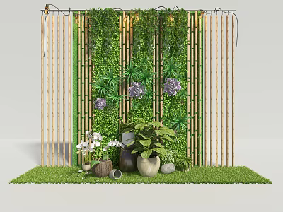 Decorative Green Plant Wall With Bamboo Screen And Potted Plants On Grass Turf 3d model
