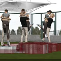 Two Person Dance Poses On Red And White Platform In Green Grass Field With Canopy