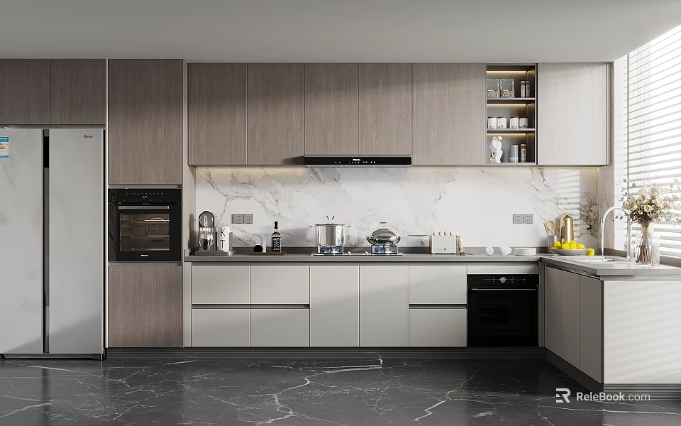 Modern Kitchen Interior With Light Gray Cabinets Marble Countertop Range Hood And Appliances 3d model 