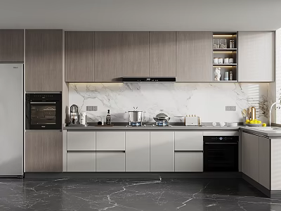 Modern Kitchen Interior With Light Gray Cabinets Marble Countertop Range Hood And Appliances 3d model