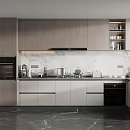 Modern Kitchen Interior With Light Gray Cabinets Marble Countertop Range Hood And Appliances
