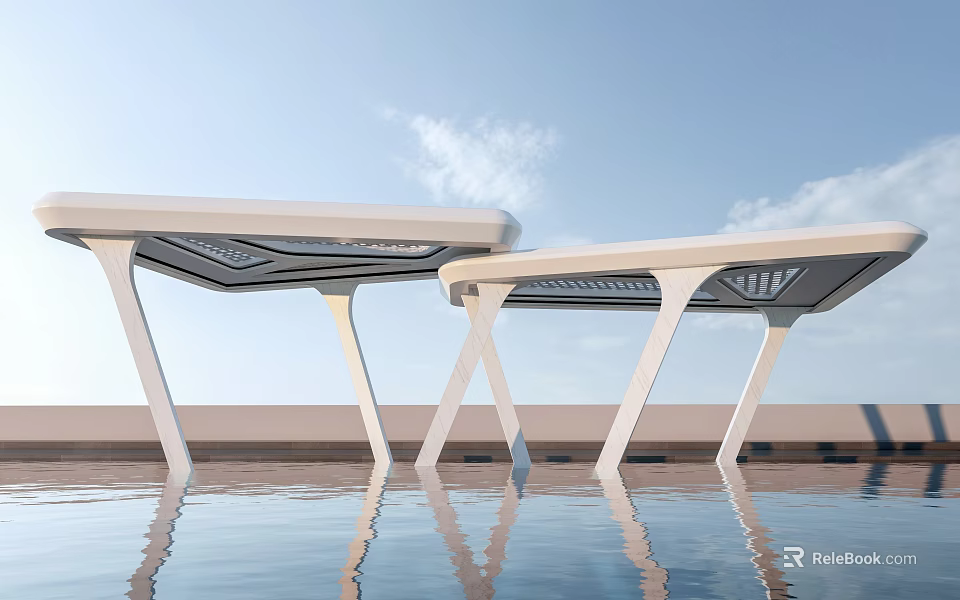 White Outdoor Structures By Water With Reflection Blue Sky And Clouds 3d model