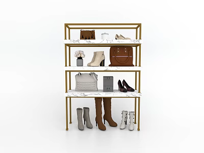 Modern Multi Tiered Shoe Rack With Golden Frame White Shelves And Shoes Bags 3d model