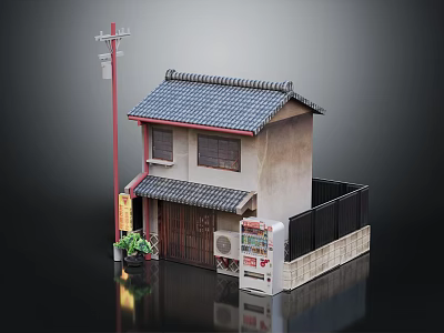 Traditional Japanese Style Two Story Building With Tiled Roof Wooden Door And Vending Machine 3d model