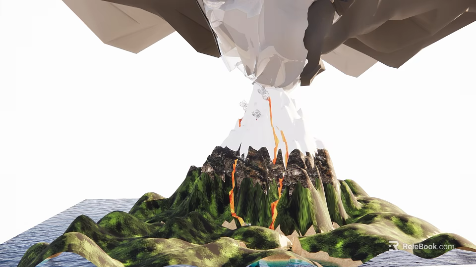 Erupting Volcano Landscape With Flowing Lava Smoke And Green Mountain Slopes Near Ocean 3d model 