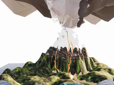 Erupting Volcano Landscape With Flowing Lava Smoke And Green Mountain Slopes Near Ocean 3d model