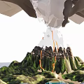 Erupting Volcano Landscape With Flowing Lava Smoke And Green Mountain Slopes Near Ocean