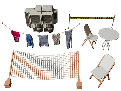 Outdoor Electronic Appliance Setup Featuring Air Conditioner Unit Clothesline Volleyball Net Folding Chairs And Table 3d model