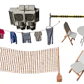 Outdoor Electronic Appliance Setup Featuring Air Conditioner Unit Clothesline Volleyball Net Folding Chairs And Table