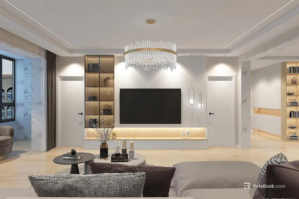 Modern Light Luxury Living Room Interior With Crystal Chandelier Cozy Sofa And Warm Ambient Lighting 3d model 