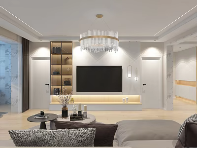 Modern Light Luxury Living Room Interior With Crystal Chandelier Cozy Sofa And Warm Ambient Lighting 3d model