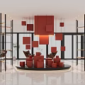 Bright Modern Interior Space Featuring Red Square Decorations Circular Platform And Metal Shelves