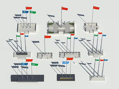 Multiple National Flags Display Models With Various Base Designs And Arrangements 3d model