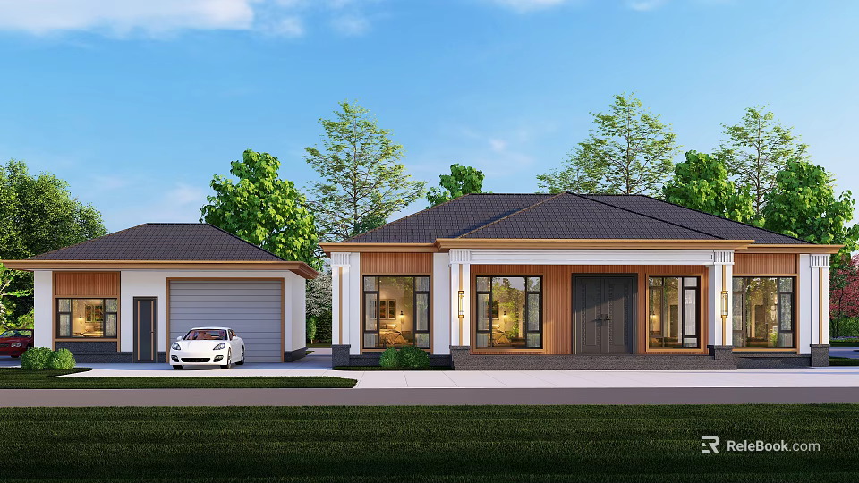 Modern Detached House with Black Roof White Wood Exterior Front Lawn and Green Trees 3d model 