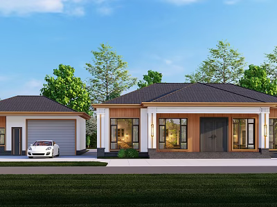 Modern Detached House with Black Roof White Wood Exterior Front Lawn and Green Trees 3d model