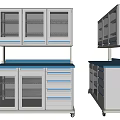 White Storage Cabinet with Glass Doors Drawers and Blue Countertop on Wheels