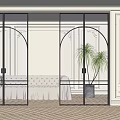 Modern Glass Room Divider With Black Frame Arched Design And Sofa Plant In Decorative Interior