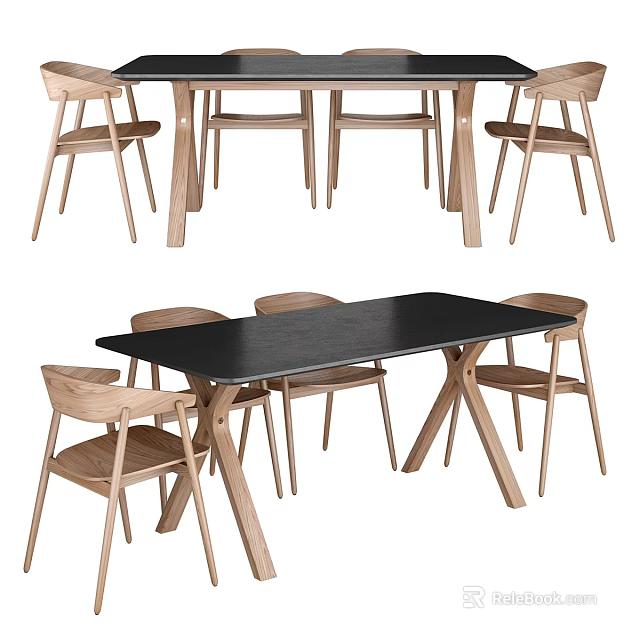 Modern Wooden Dining Table Set With Black Tabletop And Matching Chairs 3d model