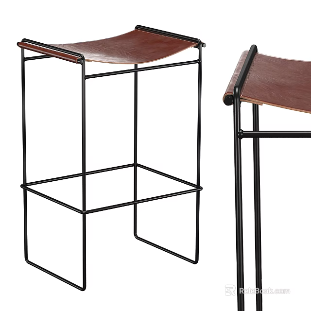 Minimalist Bar Stools Featuring Black Metal Frame And Brown Leather Seat Design 3d model 