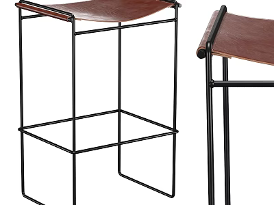 Minimalist Bar Stools Featuring Black Metal Frame And Brown Leather Seat Design 3d model