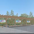 Wooden Pergola Featuring Benches Signboards and Trees Under Blue Sky on Paved Ground