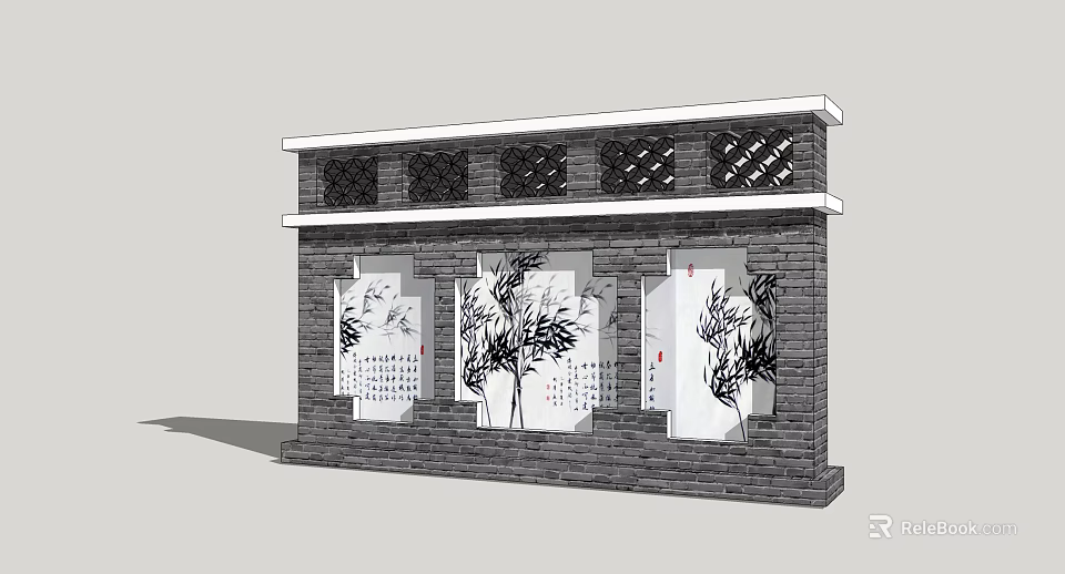 Chinese Style Feature Wall With Brick Surface Bamboo Paintings And Lattice Top Design 3d model 