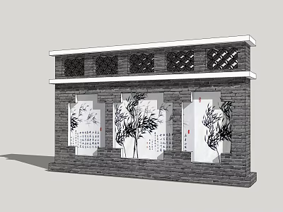 Chinese Style Feature Wall With Brick Surface Bamboo Paintings And Lattice Top Design 3d model
