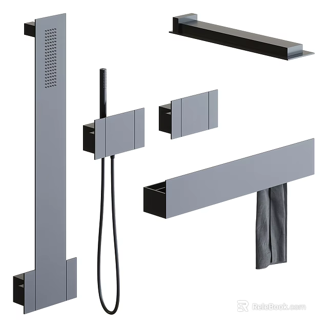 Modern Rainfall Shower System With Handheld Sprayer Storage Shelf And Towel Bar 3d model 