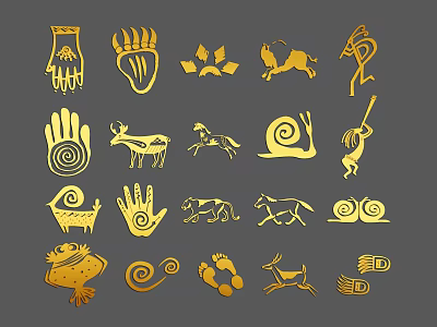 Golden Primitive Art Symbols Including Handprints Footprints And Animal Figures 3d model