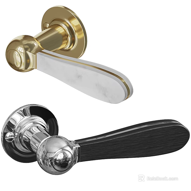 Elegant Gold and Chrome Door Handles with Marble and Black Wooden Levers for Home Interior 3d model 