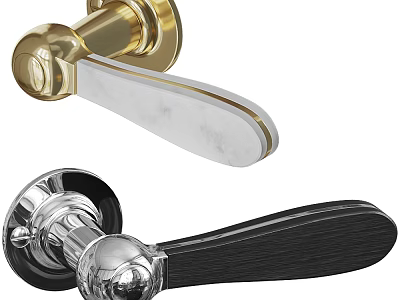 Elegant Gold and Chrome Door Handles with Marble and Black Wooden Levers for Home Interior 3d model
