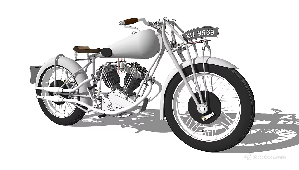 Classic White Vintage Motorcycle With Leather Seat Spoked Wheels And Twin Engine 3d model 