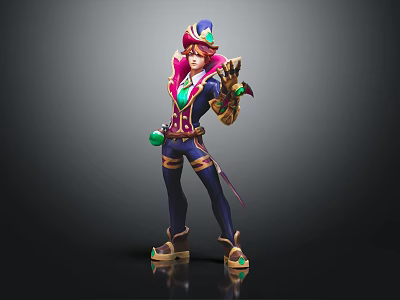 Fantasy Character With Pink Hair Purple Hat Holding Green Creature In Dark Outfit 3d model