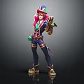 Fantasy Character With Pink Hair Purple Hat Holding Green Creature In Dark Outfit