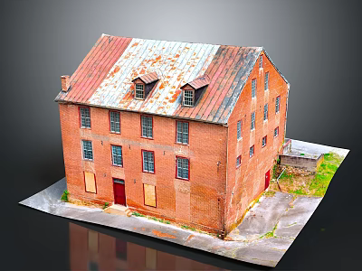 Old Red Brick Building Model Featuring Rusted Metal Roof Multiple Windows Red Doors 3d model