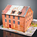 Old Red Brick Building Model Featuring Rusted Metal Roof Multiple Windows Red Doors